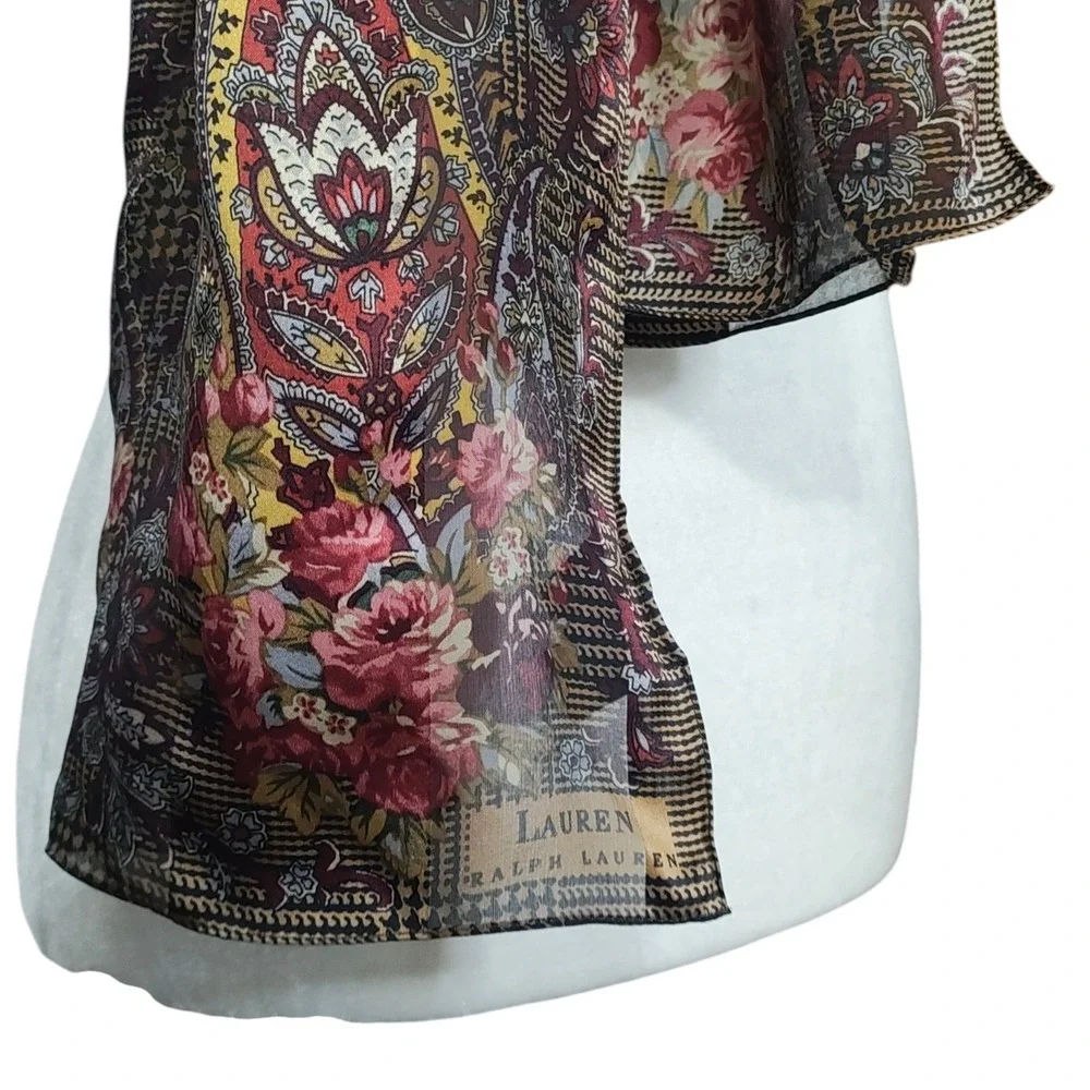 Lauren Ralph Lauren‎ 100% Silk Scarf Floral Paisley Brown Gold Rectangle Preppy